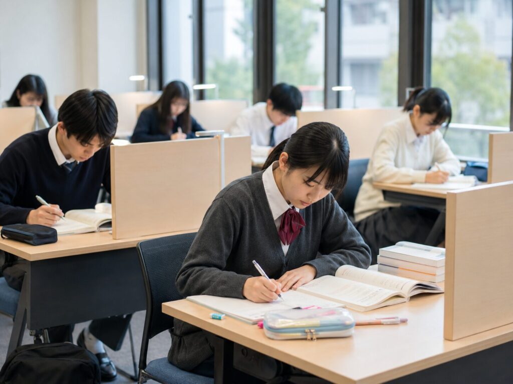 自習室で集中して勉強する受験生