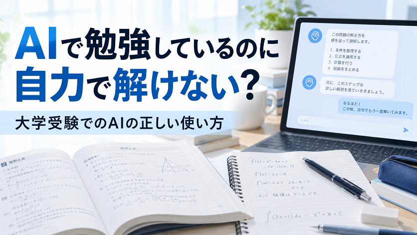 AIを使って数学の勉強をする高校生。AIの解説を理解しても、自力で問題が解けない悩みをテーマにしたアイキャッチ画像。