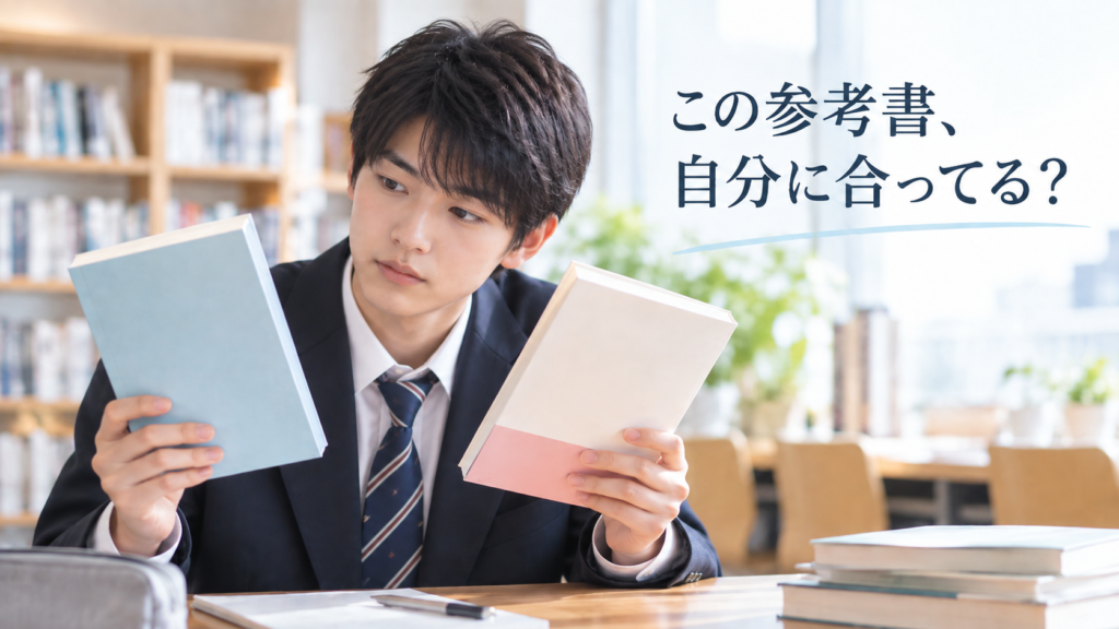 2冊の参考書を見比べながら、自分に合う教材を考える男子高校生