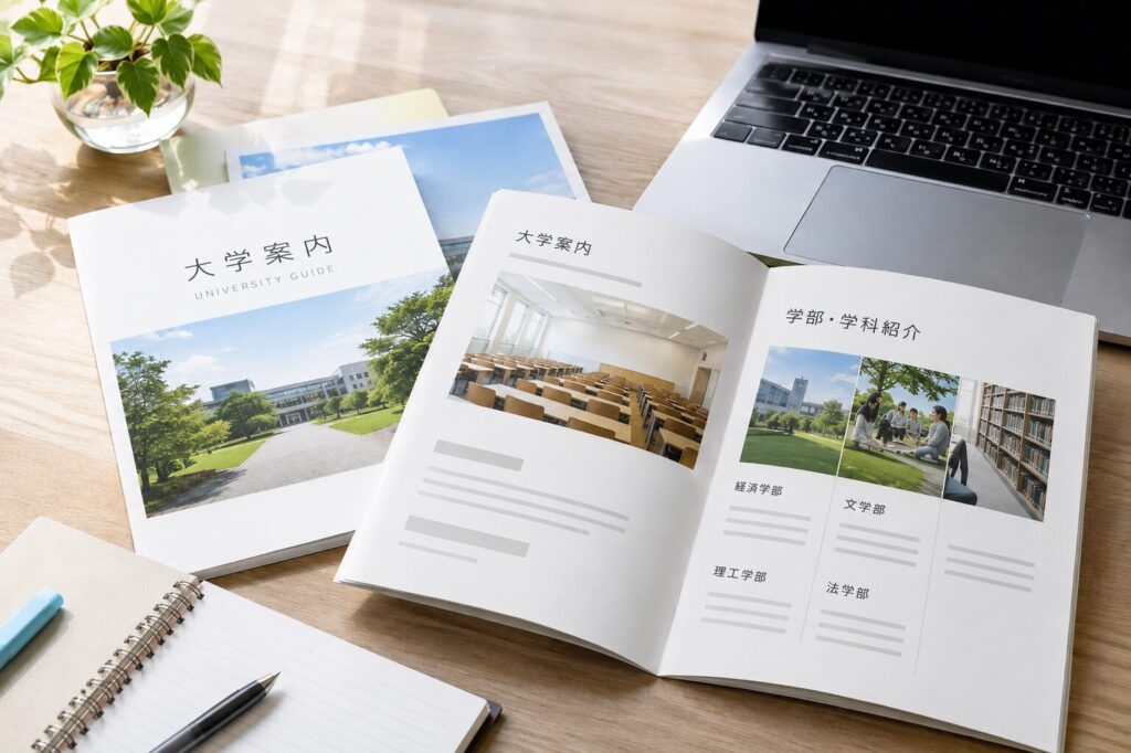 大学案内や学部・学科紹介の資料、ノート、パソコンを机に広げた志望校選びのイメージ