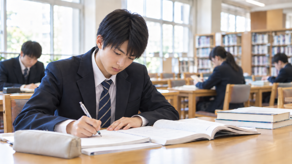 放課後の学校図書館で、周囲の生徒とともに参考書やノートを広げ、受験勉強に集中する男子高校生
