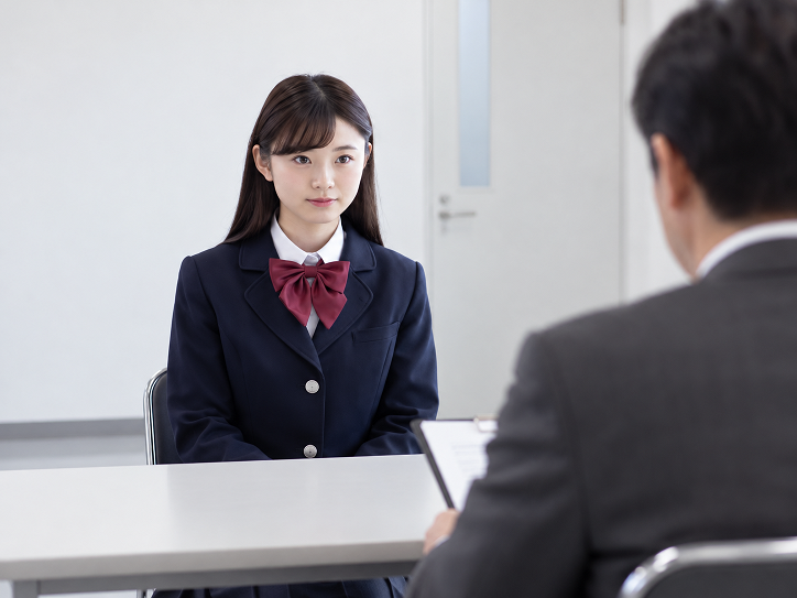 大学入試の面接室で、制服姿の女子高校生が姿勢を正して面接官と向かい合っているイメージ
