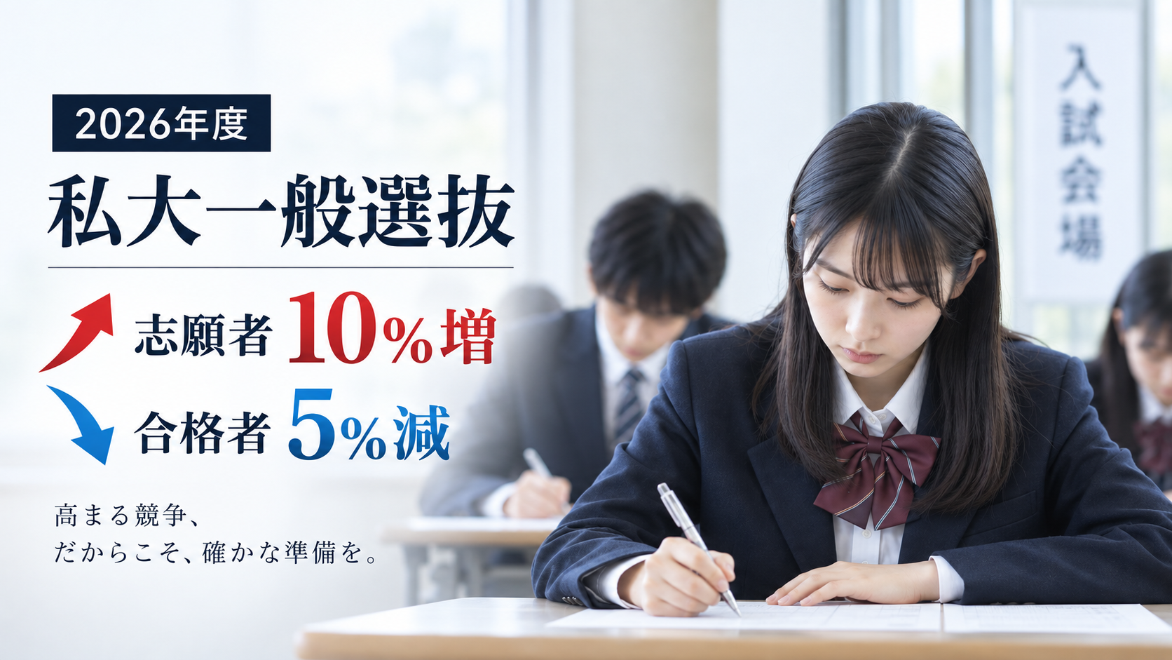 2026年度の私立大学一般選抜で志願者10%増・合格者5%減となったことを示す受験会場のイメージ