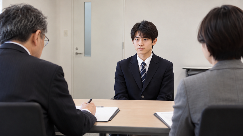 大学入試の面接室で、紺色の制服とネクタイを着用した男子高校生が、2人の面接官と向かい合っているイメージ画像