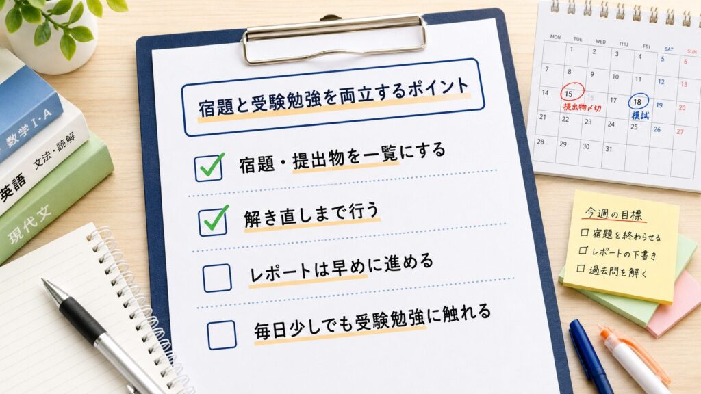 宿題や提出物の整理、解き直し、レポート作成、受験勉強の継続を確認するチェックリスト