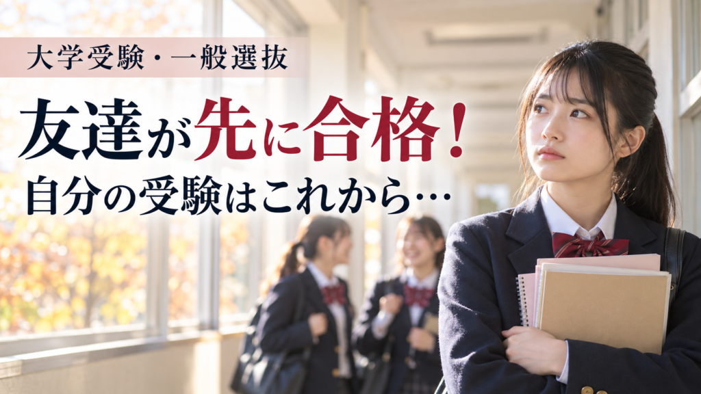 先に合格した友達が楽しそうに話す学校の廊下で、参考書やノートを抱え、自分の受験について考える女子高校生
