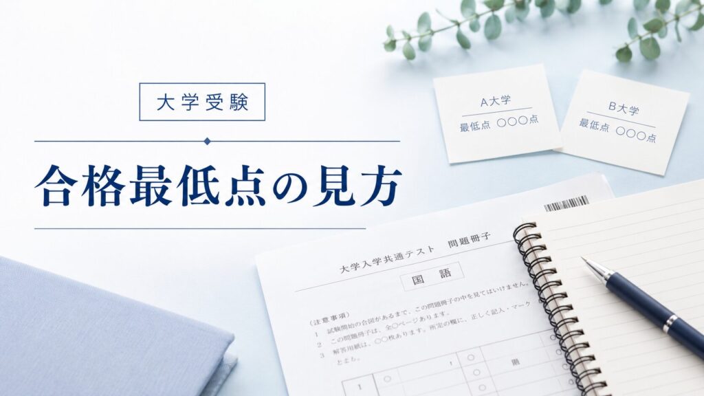 大学受験の過去問やノートを背景に、『合格最低点の見方』というテーマを示したアイキャッチ画像
