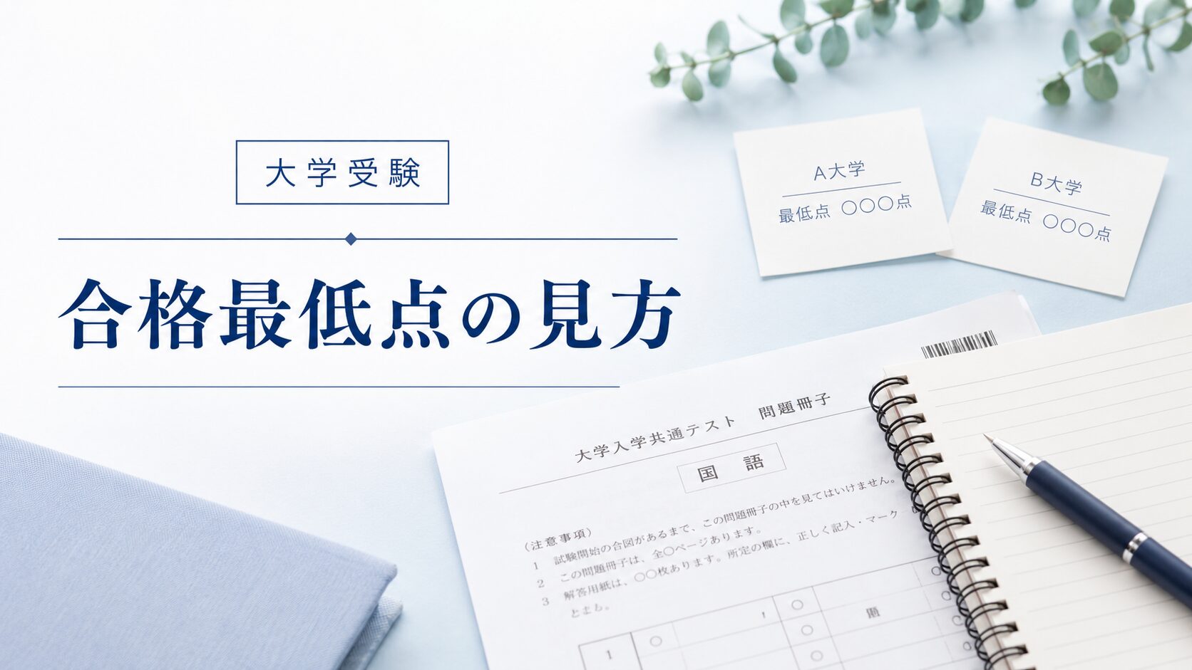 大学受験の過去問やノートを背景に、『合格最低点の見方』というテーマを示したアイキャッチ画像