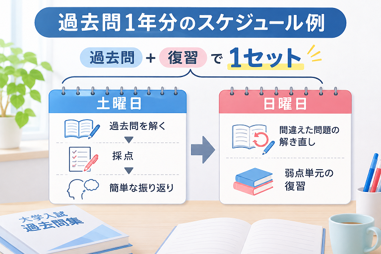 土曜日に過去問を解いて採点と振り返りを行い、日曜日に解き直しと弱点復習を行う2日間の学習スケジュール例