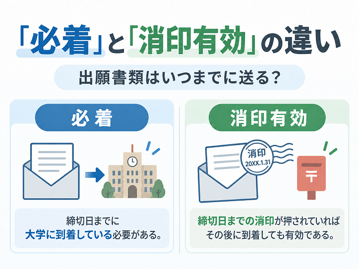 必着は締切日までに大学へ到着している必要があり、消印有効は締切日までの消印があれば有効であることを比較した図