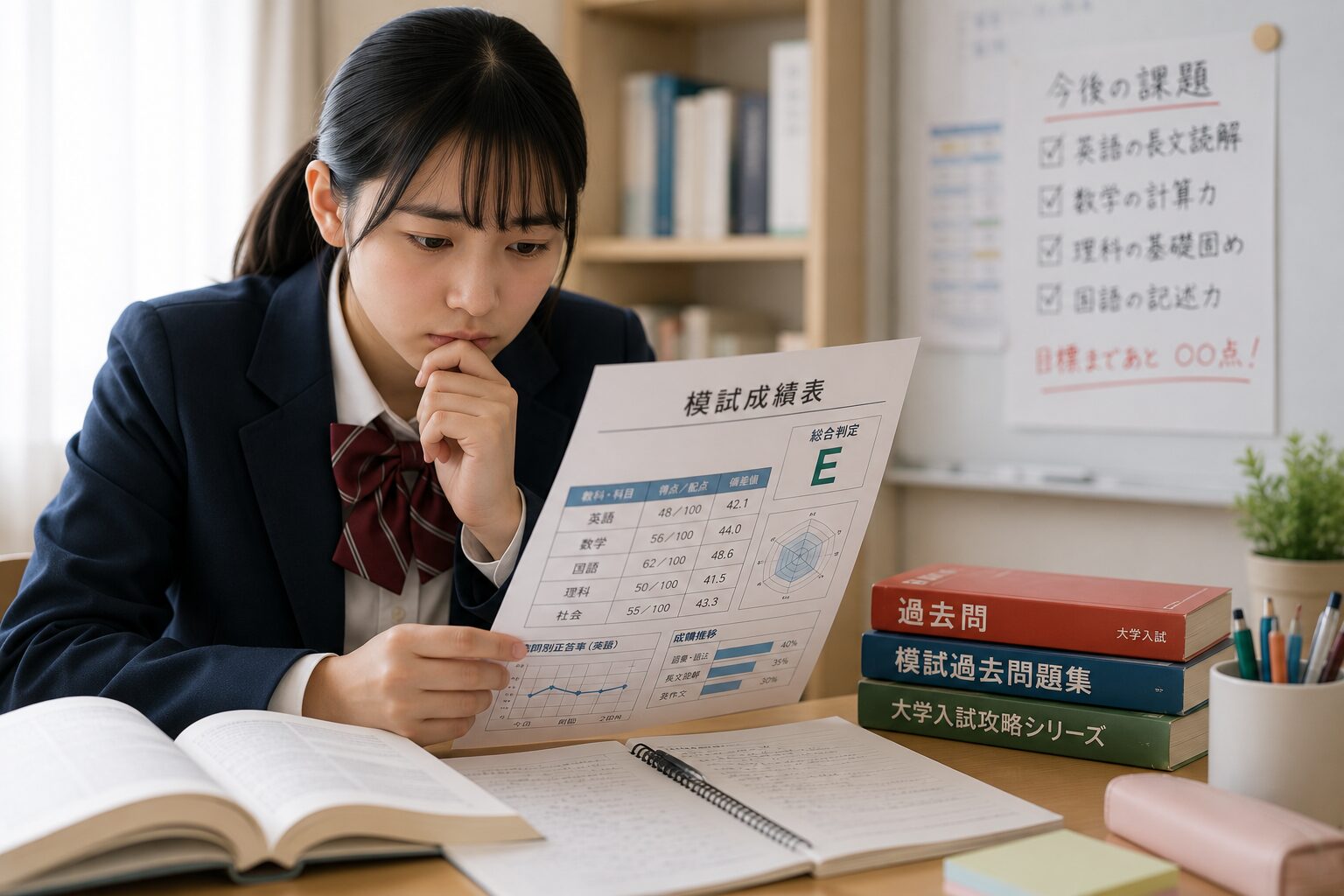 模試の結果を見ながら志望校との差に悩む受験生