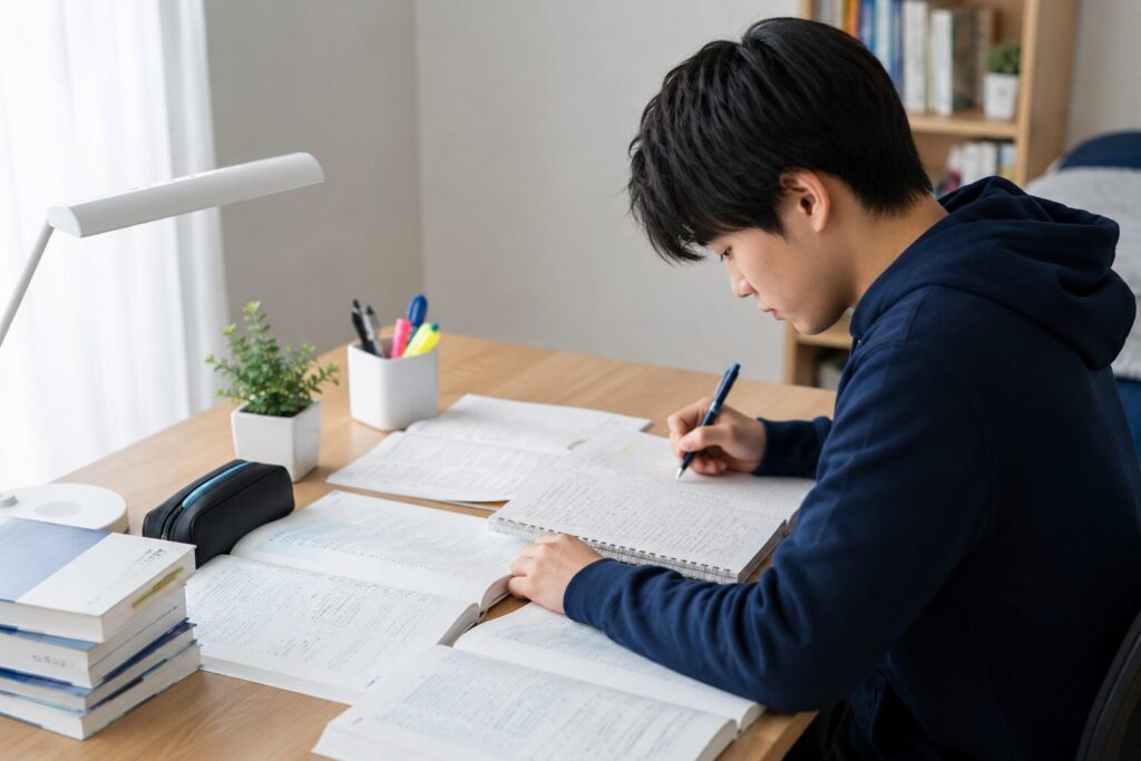 自宅で過去問や復習に取り組む高校生のイメージ