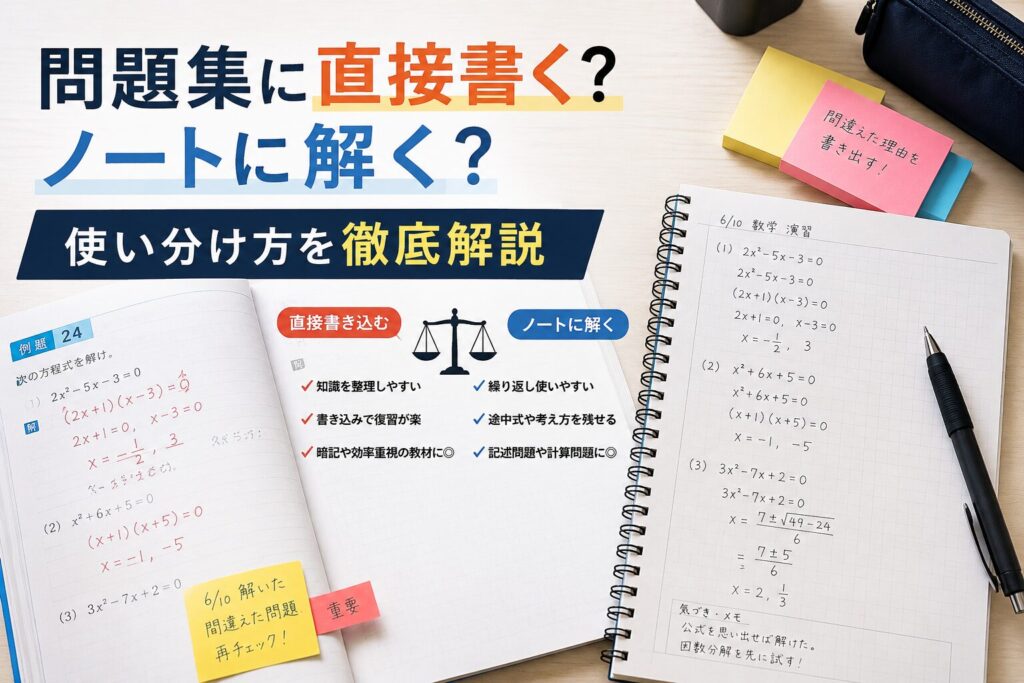 問題集に直接書き込む方法とノートに解く方法を比較したイメージ