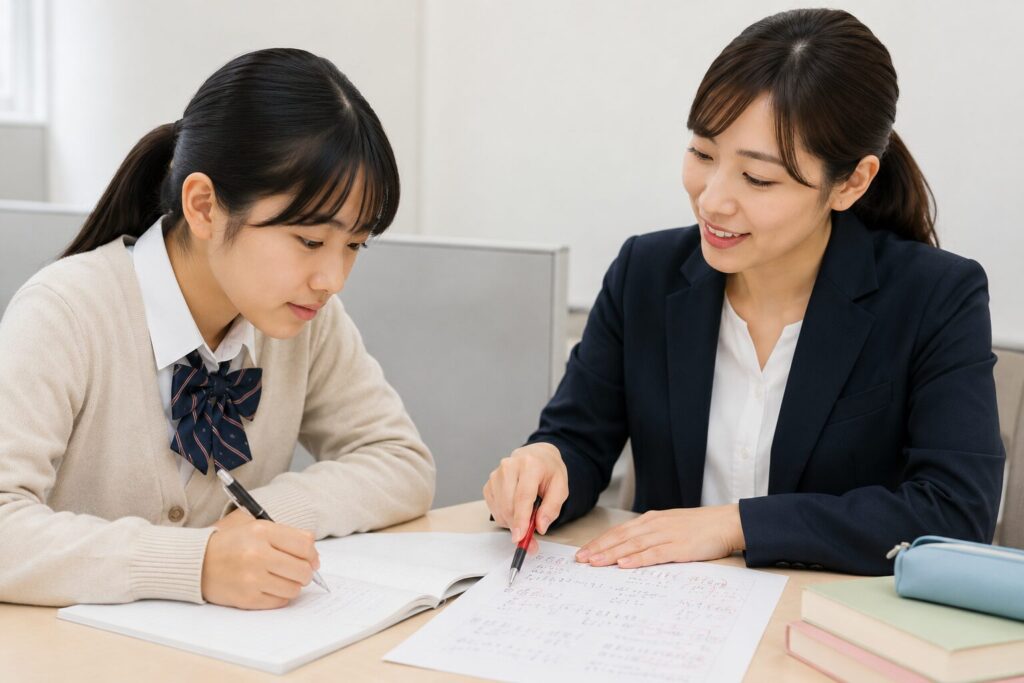 問題の答えだけでなく途中式や考え方を講師に確認してもらう高校生