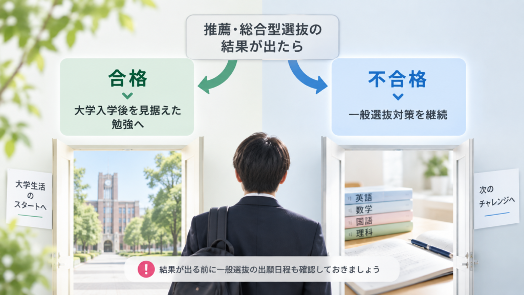 推薦・総合型選抜の結果が合格なら大学入学後を見据えた勉強へ、不合格なら一般選抜対策の継続へと進む2つの道を示した図