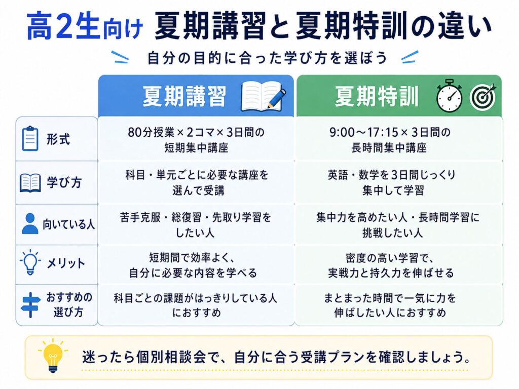 高2生向けの夏期講習と夏期特訓の違いを、形式・学び方・向いている人・メリット・選び方で比較した表