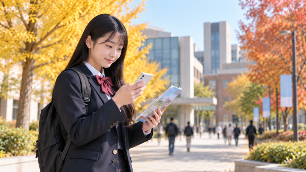 秋のキャンパスで大学案内を読みながら、志望校について調べる女子高校生