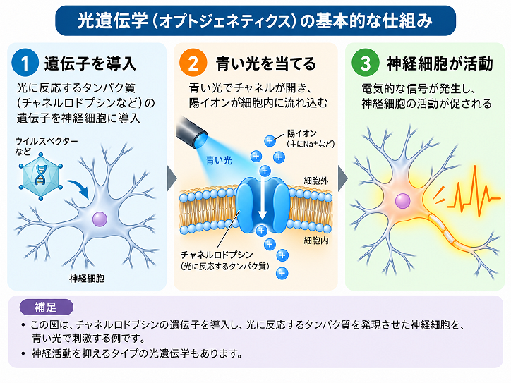 神経細胞への遺伝子導入、青い光によるチャネルロドプシンの活性化、陽イオンの流入と神経活動の促進を示した3段階の図解