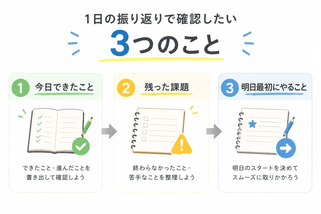 1日の振り返りで確認したい3つのことを示した図