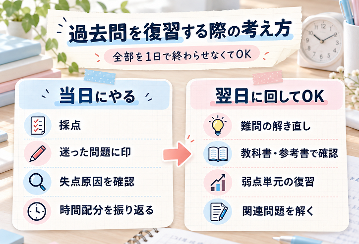 過去問演習では当日に採点や失点原因の確認を行い、難問の解き直しや弱点復習は翌日に回してよいことを示した図
