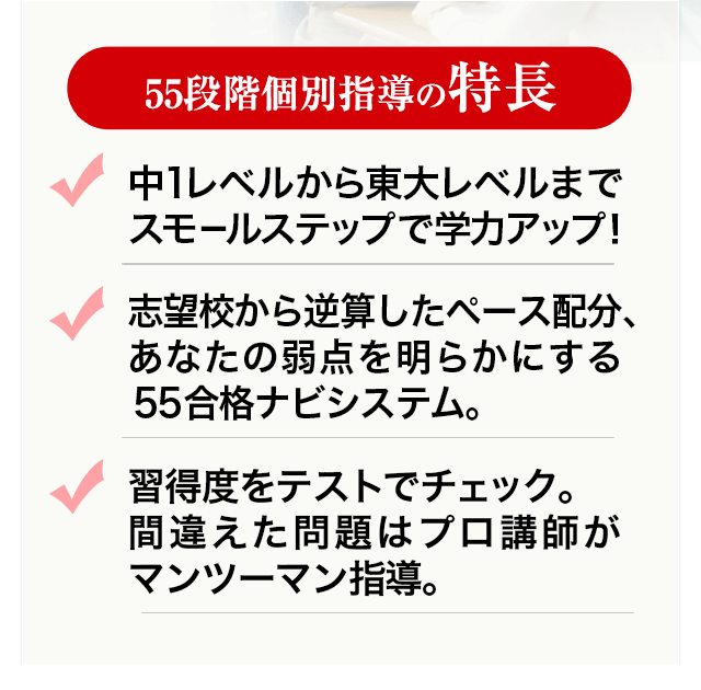 中１レベルから東大レベルまでスモールステップで学力アップ！・志望校から逆算したペース配分、あなたの弱点を明らかにする５５合格ナビシステム。・習得度をテストでチェック。間違えた問題はプロ講師がマンツーマン指導。